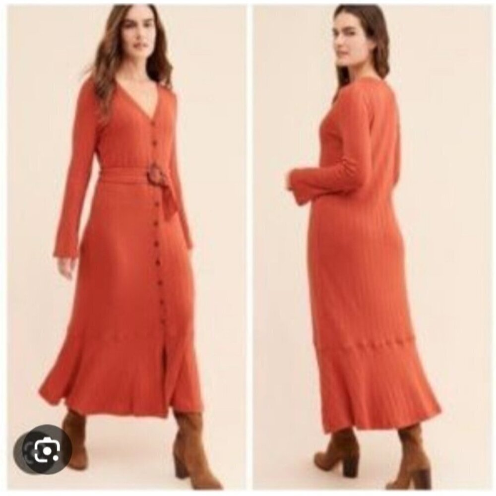 Anthropologie Elsa Ribbed Knit Maxi Midi Dress Belted Long Sleeve Orange Size M